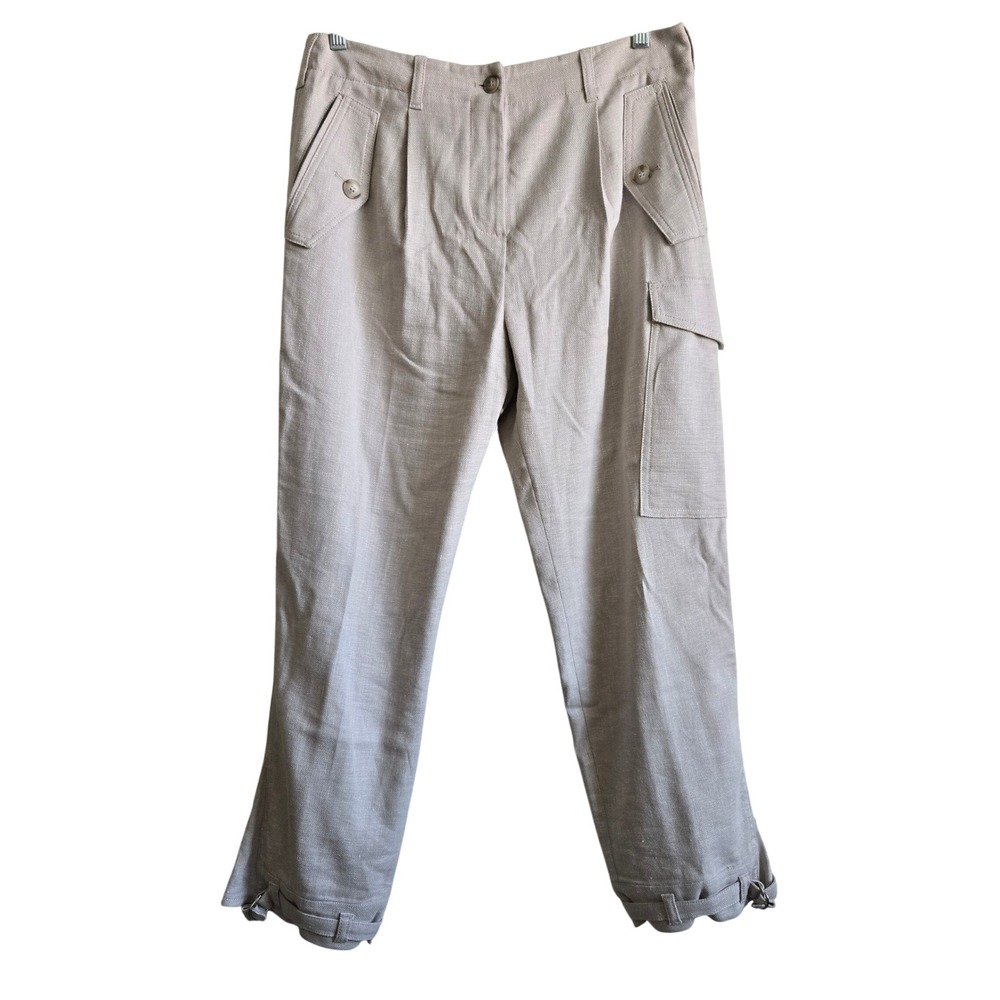 Reiss 10 Cargo Bria Trousers Womens Beige‎ Linen Blend High Rise Pleat Textured
